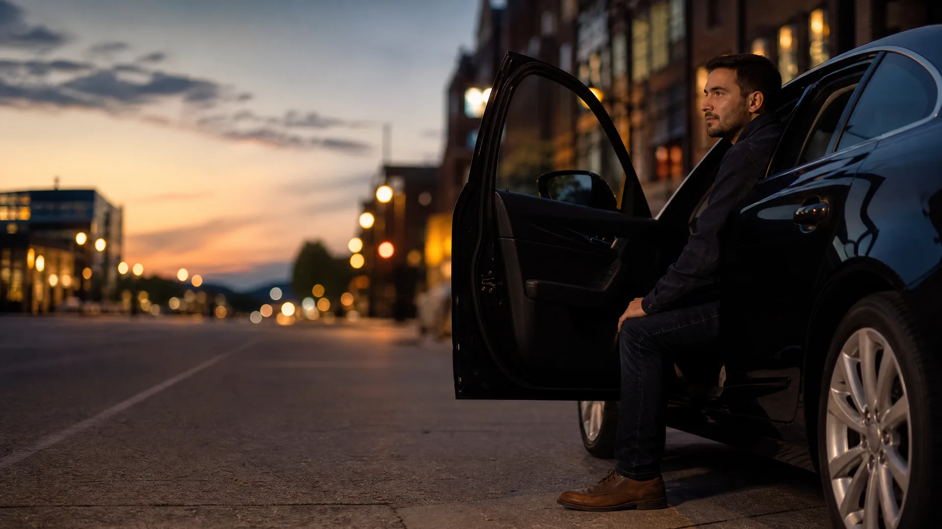 A man in a dark jacket and jeans sits sideways in the open driver's doorway of a dark car parked on a city street at dusk, with blurred streetlights and buildings behind him.
